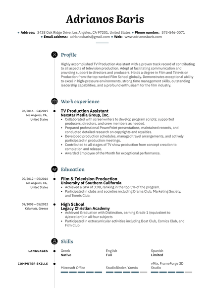 TV Production Assistant Resume Example