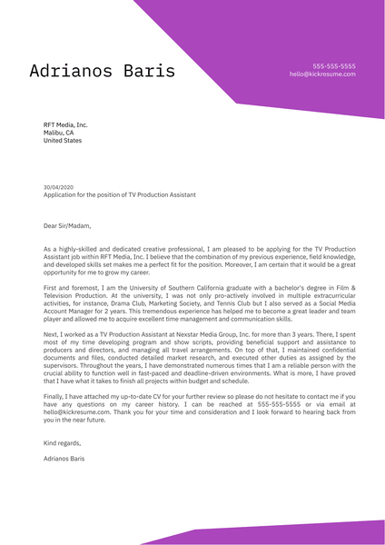 TV Production Assistant Cover Letter Sample