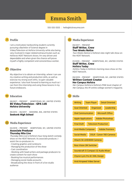 Intern at NBC Resume Sample